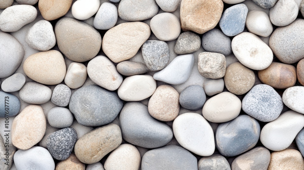 A collection of smooth stones in various shapes and shades rests together A collection of smooth stones in various shapes and shades rests together