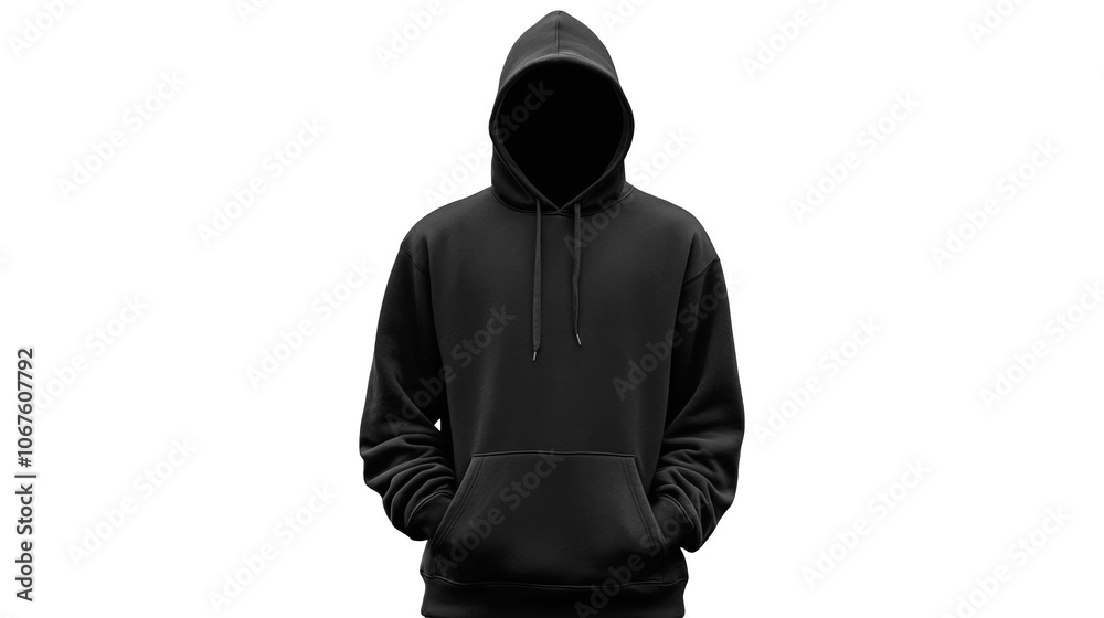 Black hoodie with hands in pockets mockup in transparent background Black hoodie with hands in pockets mockup in transparent background