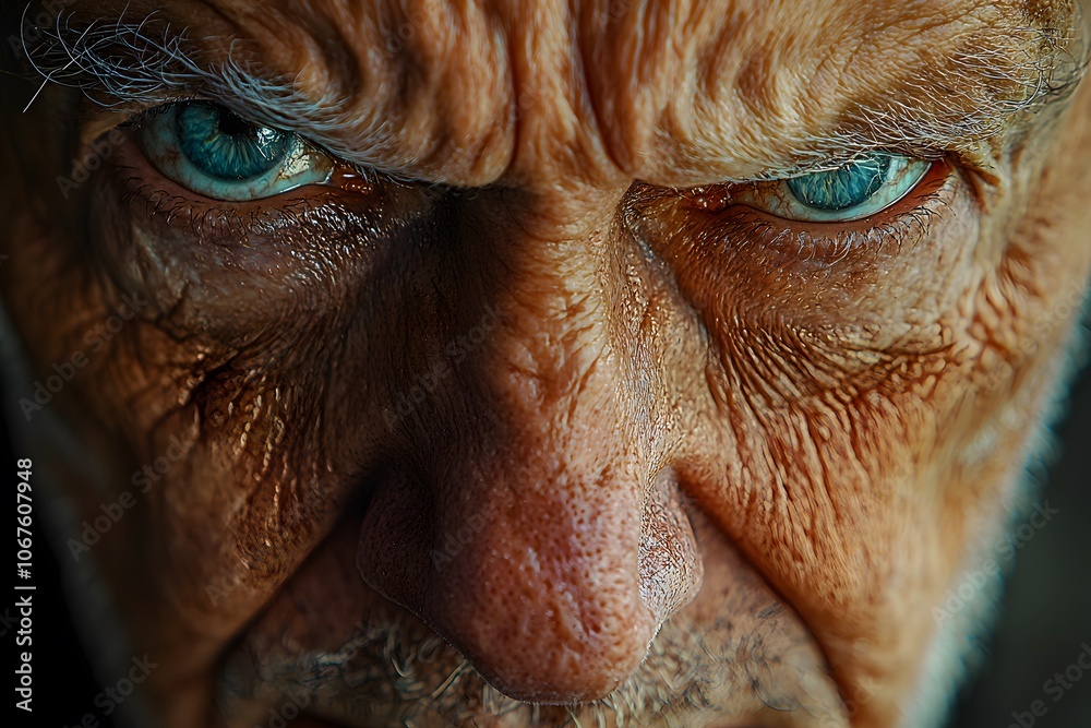 Intense expression of elderly man with striking blue eyes and wrinkled skin Intense expression of elderly man with striking blue eyes and wrinkled skin