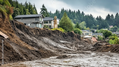 Landslide Destruction, a powerful landslide unleashes mud and rocks down a hillside, devastating homes below, showcasing the impact of heavy rainfall on vulnerable landscapes.