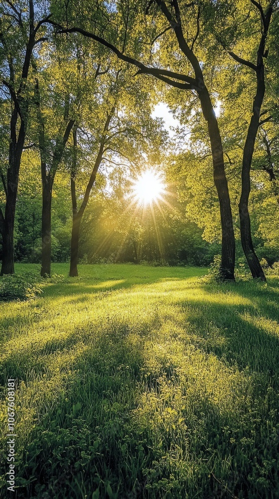 Fototapeta premium Sunlight streaming through trees in a lush green park during late afternoon