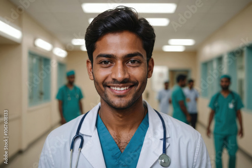 Close portrait of a smiling young Bangladeshi man doctor looking at the camera, Bangladeshi hospital blurred background