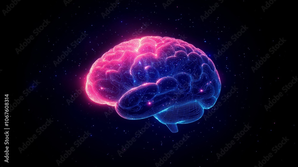 Glowing brain silhouette emerging from the darkness in a vibrant display of light and energy Glowing brain silhouette emerging from the darkness in a vibrant display of light and energy