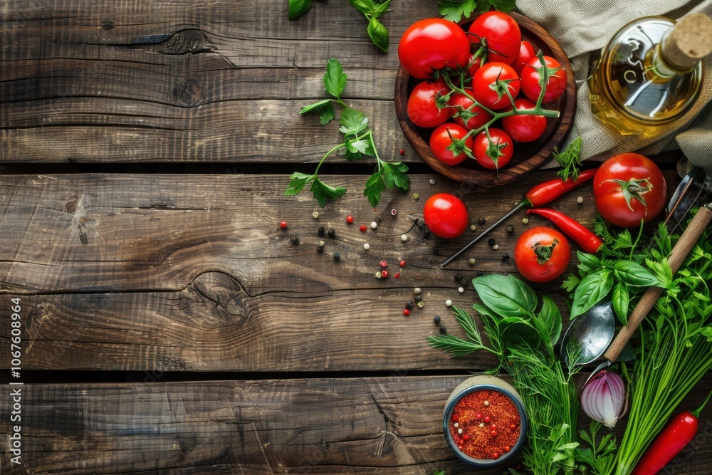 Fresh herbs, tomatoes, and spices on rustic wooden background for natural cooking inspiration Fresh herbs, tomatoes, and spices on rustic wooden background for natural cooking inspiration