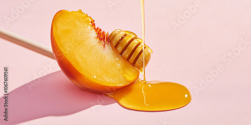 Peach and honey dripping, minimalist aesthetic, pink background