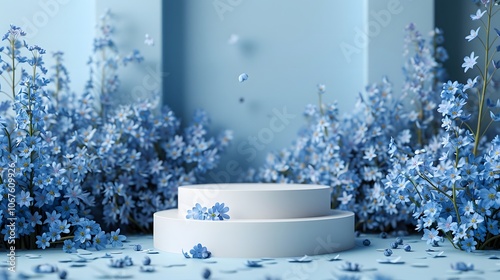 Dual blue podiums surrounded by blue flowers on a light blue background. Spring floral display for greeting card and poster design