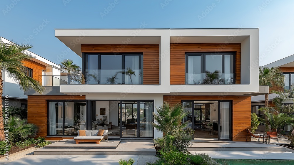 Fototapeta premium Stylish modular townhouses with clean white walls and contrasting wooden cladding, ideal for modern urban architecture.