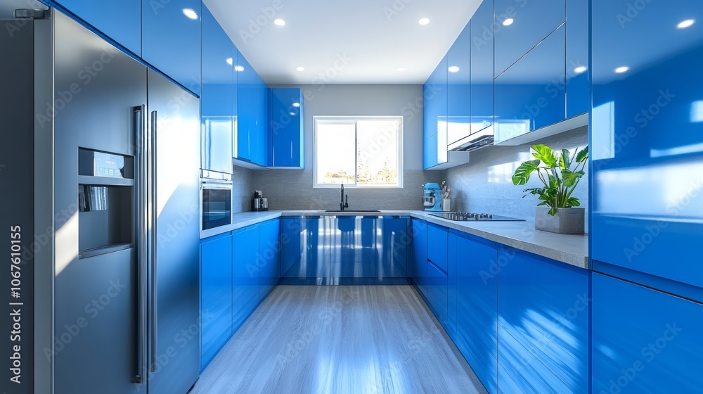 Modern Kitchen with Blue Cabinets and Stainless Steel Appliances Modern Kitchen with Blue Cabinets and Stainless Steel Appliances