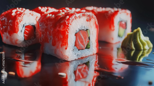 Close-up of sushi rolls with salmon, avocado, and sesame topping. photo