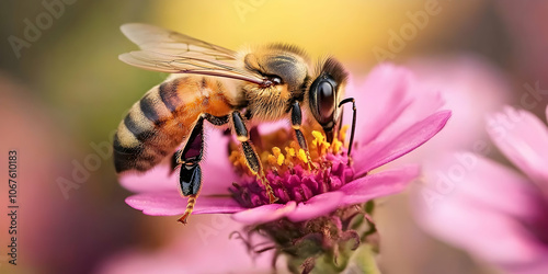 Bee pollinating a pink flower in a vibrant garden, capturing naturea??s beauty . illustration photo