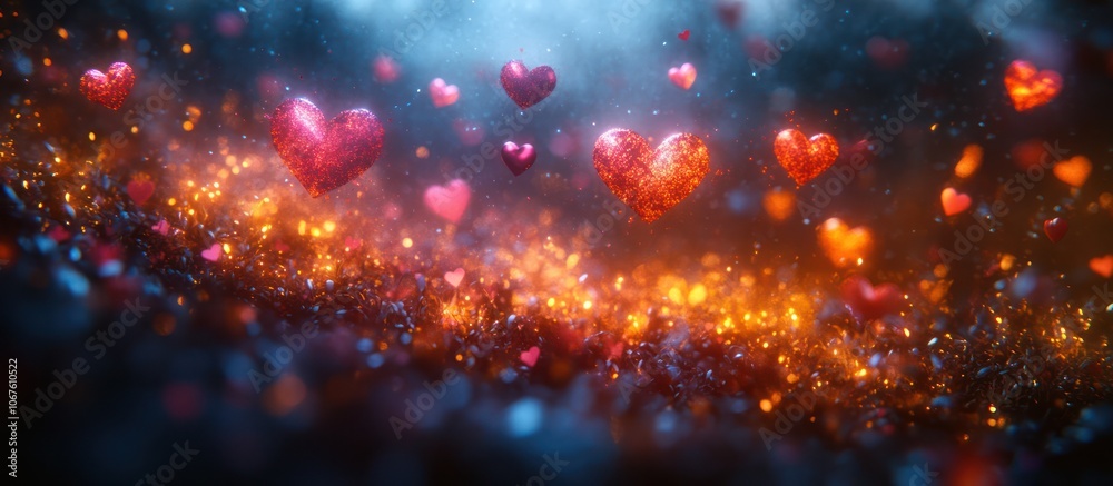Red hearts floating over a glowing, glittering background. Red hearts floating over a glowing, glittering background.