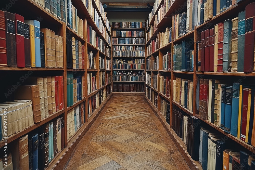 Bookshelf filled with books in a library with a wooden floor Bookshelf filled with books in a library with a wooden floor