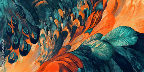 Bird feathers in orange, green, and blue hues, capturing naturea??s intricacies . illustration photo