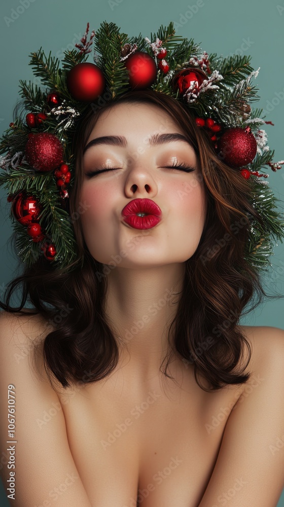 A woman with a festive wreath poses playfully for a winter celebration photo A woman with a festive wreath poses playfully for a winter celebration photo