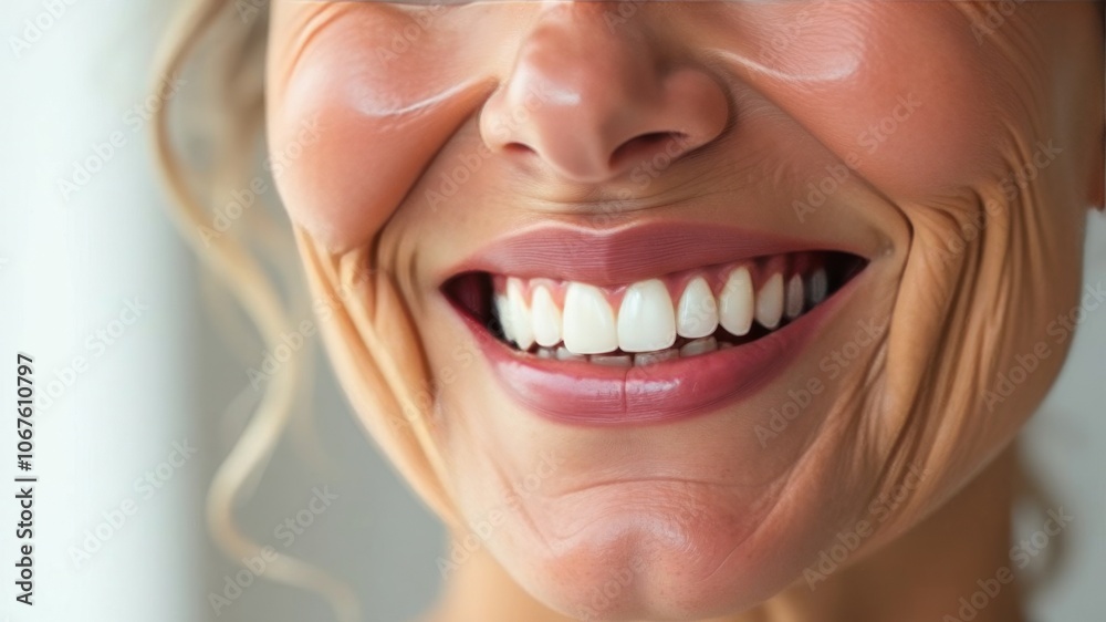Laughing woman mouth with beautiful healthy white teeth on a white background. Place for text Laughing woman mouth with beautiful healthy white teeth on a white background. Place for text