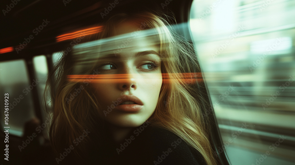 Urban Banner with Copy Space Featuring Beautiful Woman Through Moving Subway Window Urban Banner with Copy Space Featuring Beautiful Woman Through Moving Subway Window
