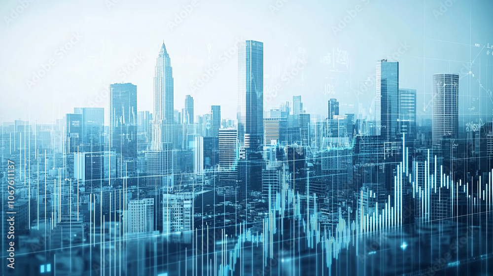 Obraz premium Illustration of digital city skyline with financial graph overlay.