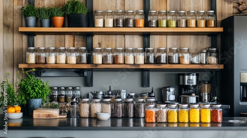 Wallpaper Mural Modern kitchen design featuring open shelves filled with jars of healthy grains and legumes, showcasing an organized and inviting cooking environment. Torontodigital.ca