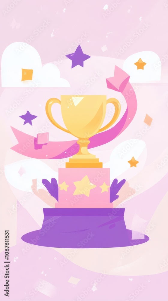Colorful trophy celebration with stars and ribbon in pink background Colorful trophy celebration with stars and ribbon in pink background