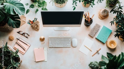 Organized Workspace with Computer and Greenery, a bright and inviting desk setup featuring a sleek computer, colorful stationery, and vibrant plants against a clean white background