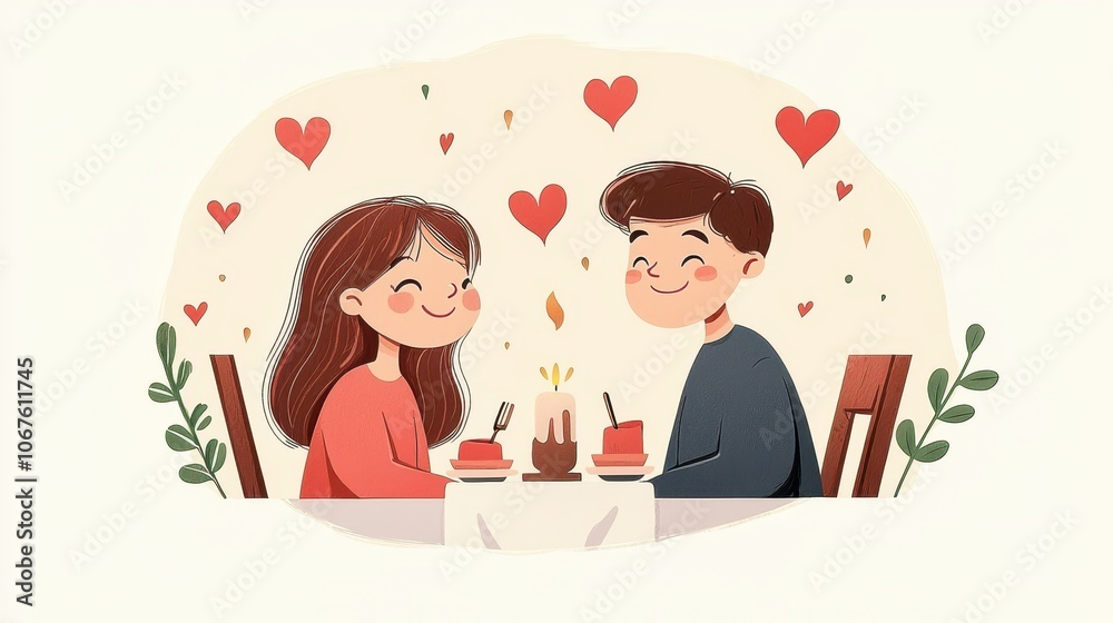A cute illustration of a couple enjoying a romantic dinner, surrounded by hearts, symbolizing love and affection. A cute illustration of a couple enjoying a romantic dinner, surrounded by hearts, symbolizing love and affection.