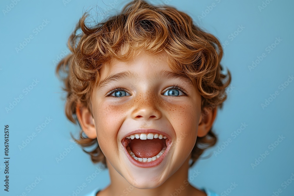 Joyful young boy with curly hair laughing against blue background Joyful young boy with curly hair laughing against blue background