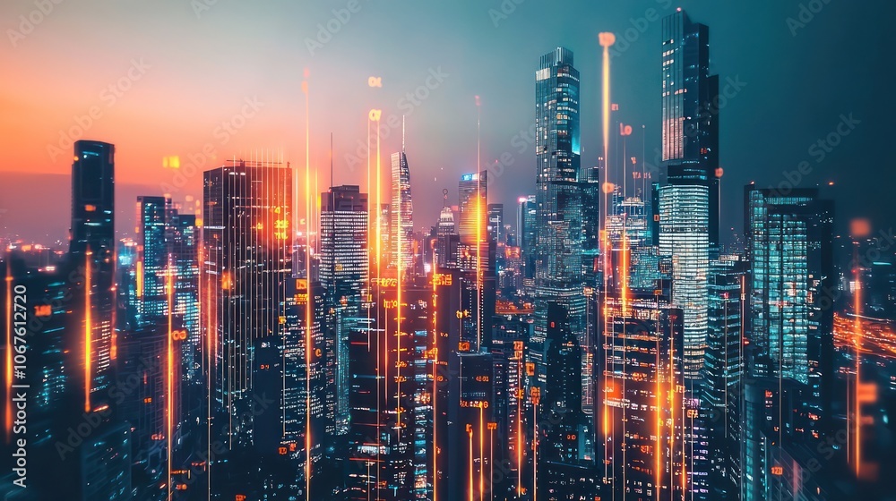 Fototapeta premium Real estate growth and stock market candlesticks over skyscrapers