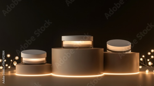 Three beige light podium for cosmetic product presentation : Generative AI