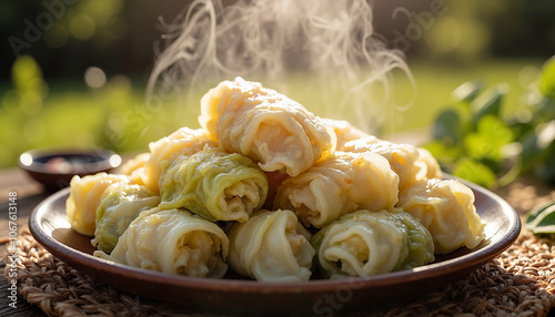 Steaming stuffed cabbage rolls on rustic plate outdoors