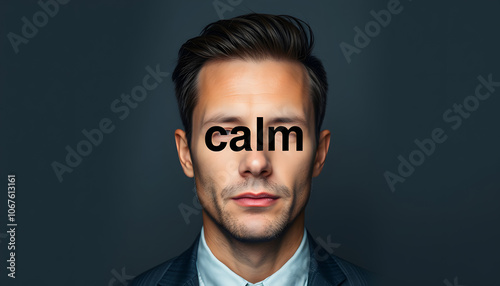 Contemporary artwork. Conceptual portrait of faceless man with word calm instead face. Human emotions, psychology, mental health concept isolated with white highlights, png photo