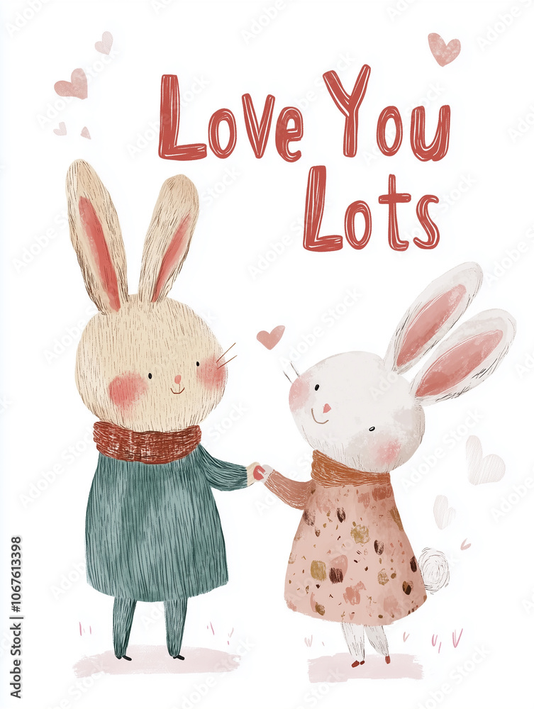 Obraz premium Adorable bunny couple holding hands with heartfelt message of love in a cheerful setting full of hearts
