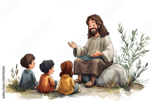 Cartoon of Jesus with children on rock photo