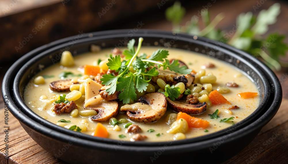 Creamy mushroom soup with vegetables in black bowl Creamy mushroom soup with vegetables in black bowl