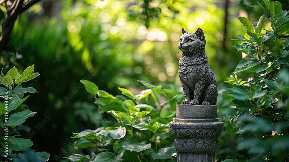 Obraz premium Elegant Feline Statue on Pedestal Amidst Lush Greenery: Perfect for an Inspiring Sports Interior Poster or Tranquil Garden Decor