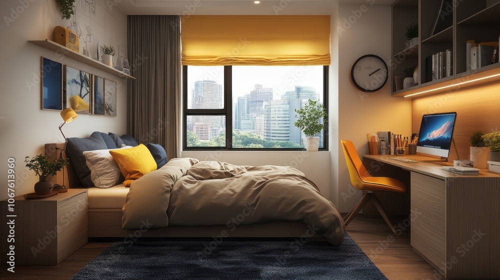 Modern Bedroom with City View and Workspace Modern Bedroom with City View and Workspace
