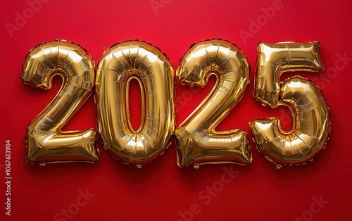 Large golden balloons display the year 2025, set against a bright red background, ideal for New Year celebrations or milestone events.