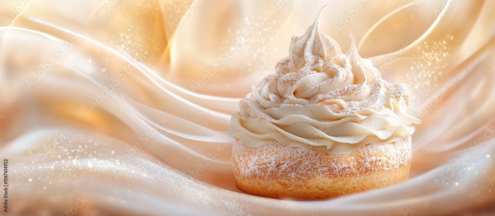 A single cream puff with powdered sugar on top, sits on a bed of silky white fabric. A single cream puff with powdered sugar on top, sits on a bed of silky white fabric.