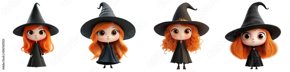 collection Set of A 3D cute witch character, ginger hair and big eyes, full body with hat isolated on a transparent background cutout PNG file collection Set of A 3D cute witch character, ginger hair and big eyes, full body with hat isolated on a transparent background cutout PNG file