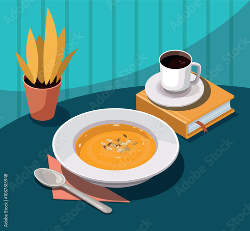 Pumpkin soup in bowl and coffee on blue table. 3D illustration