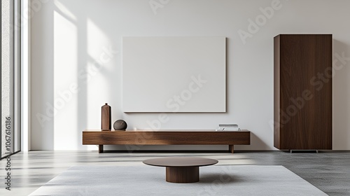 Minimalist living room interior with wooden furniture and a large blank canvas.