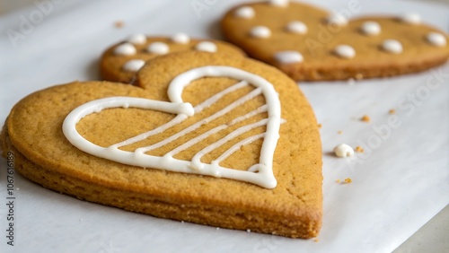 A gingerbread cookie shaped like a heart with icing photo