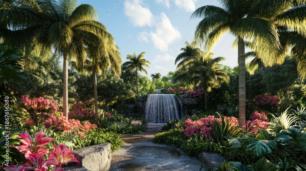 Fototapeta premium A pathway leads to a hidden waterfall in a lush tropical paradise.