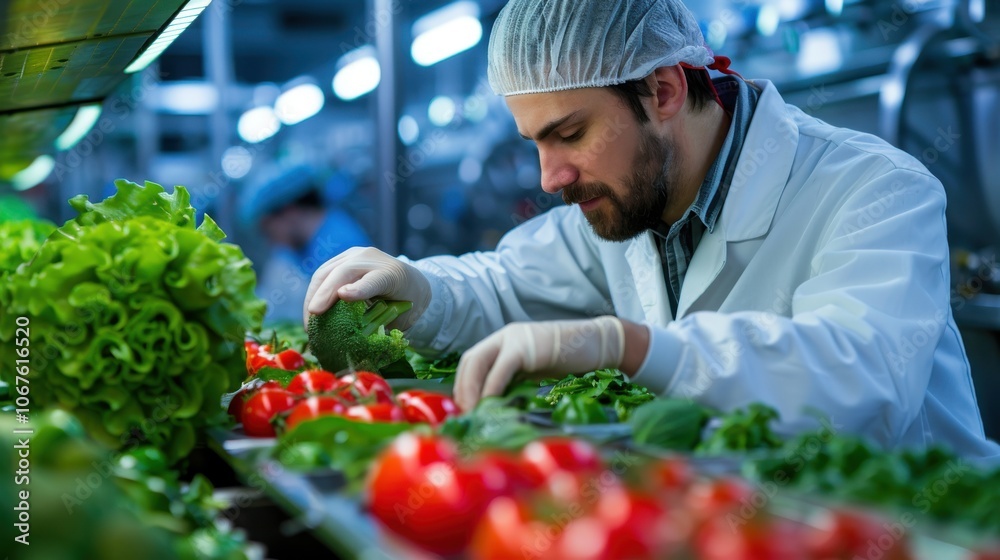 A focused food processing plant worker ensuring the quality of packaged foods before they leave the production line A focused food processing plant worker ensuring the quality of packaged foods before they leave the production line