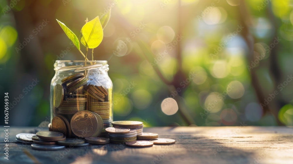 Coins in glass jar with a growing plant on top
