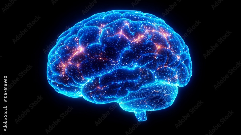 A glowing brain silhouette filled with a hexagonal grid pattern on a black background A glowing brain silhouette filled with a hexagonal grid pattern on a black background