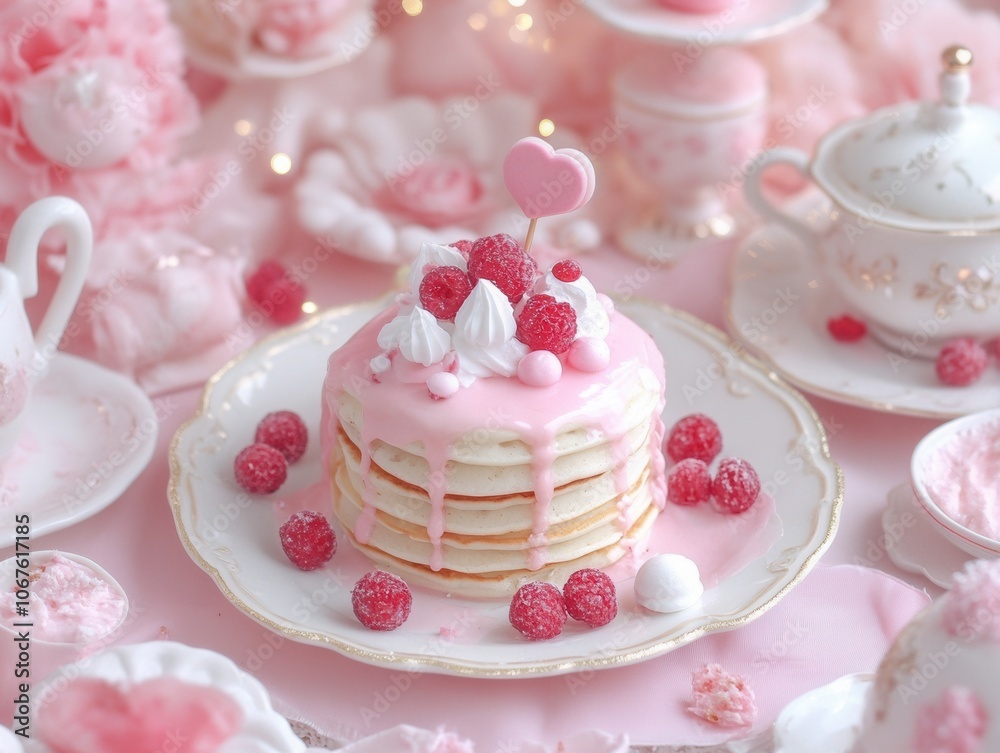 Sweet raspberry pancake stack with pink frosting Sweet raspberry pancake stack with pink frosting