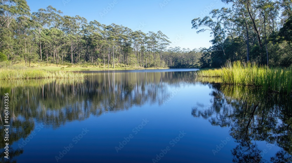 A tranquil lake with blue water, surrounded by green trees, reflected in the surface. A tranquil lake with blue water, surrounded by green trees, reflected in the surface.