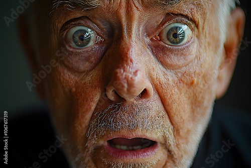 Elderly man expressing shock with wide eyes in close-up portrait