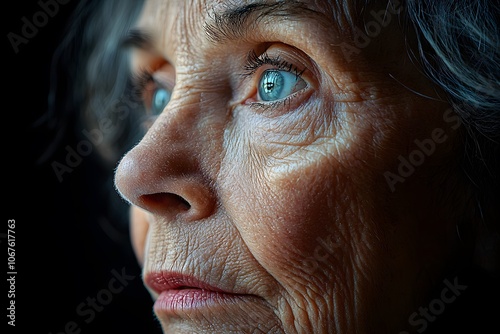 Close-up of elderly woman's face highlighting eyes and wrinkles in contemplation photo