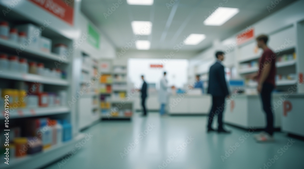 Fototapeta premium Blurred image of a pharmacy with clients choosing items from shelves and pharmacists providing assistance